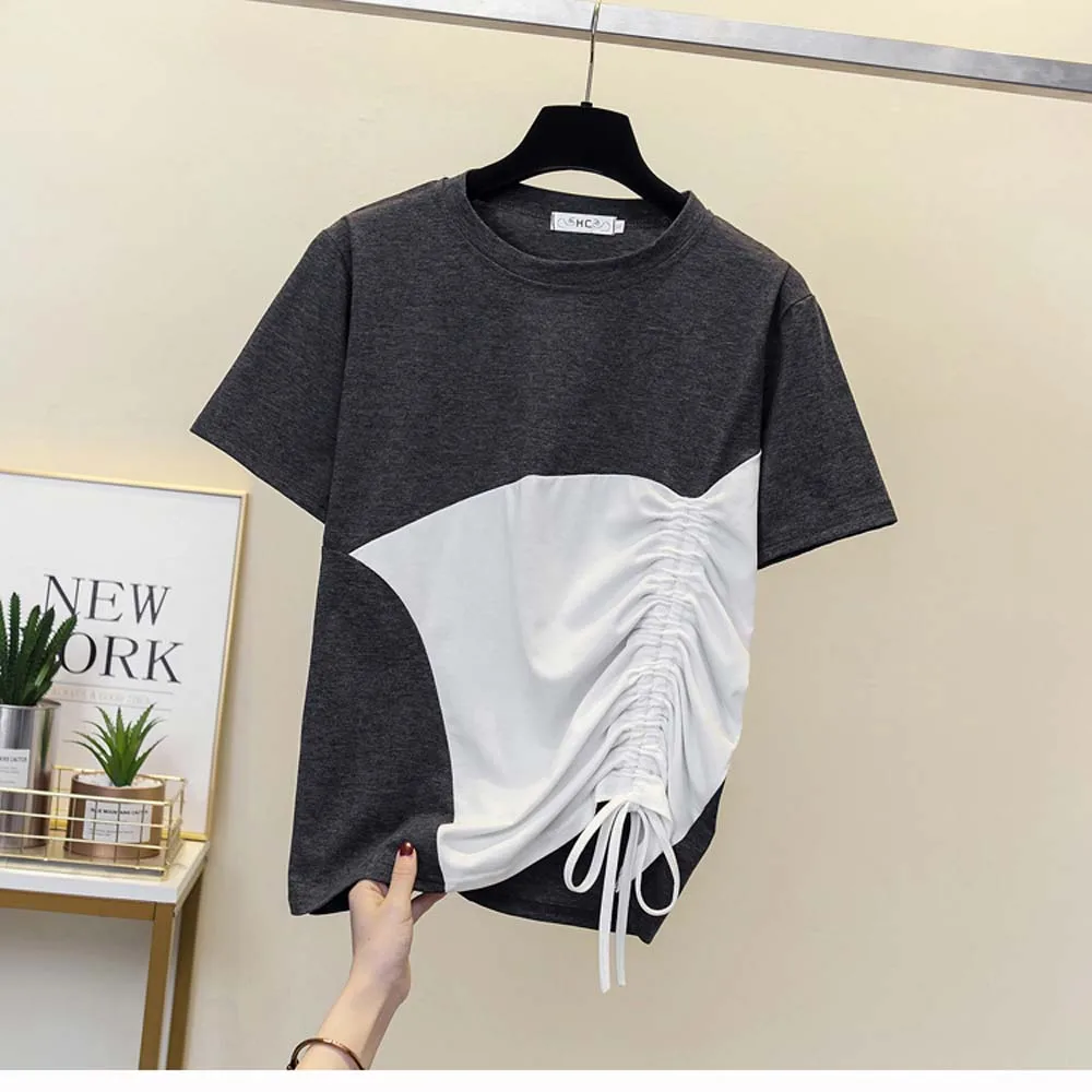 Свободная и тонкая футболка, модная футболка контрастных цветов в стиле пэчворк с кулиской и короткими рукавами, женский топ, Новинка лета ... 
Свободная и тонкая футболка, модная футболка контрастных цветов в стиле пэчворк с кулиской и короткими рукавами, женский топ, Новинка лета ...