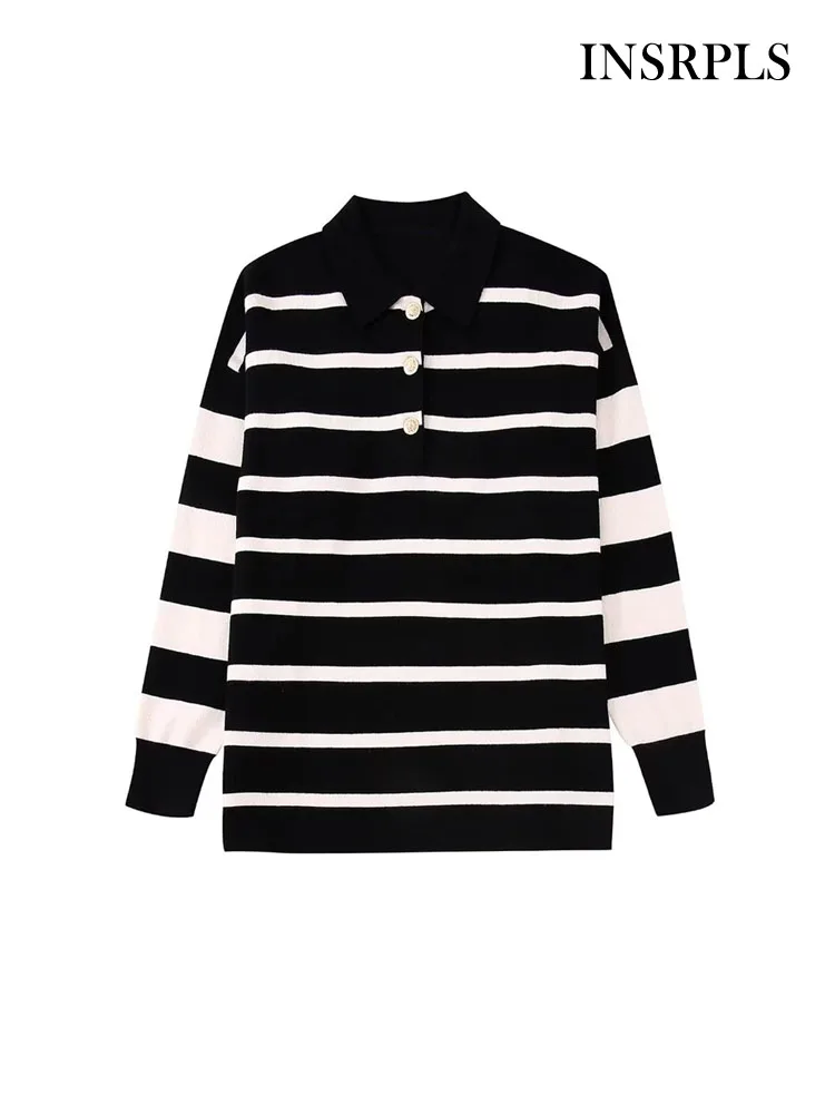 Женский свитер-поло в полоску, с длинным рукавом и пуговицами спереди 
Женский свитер-поло в полоску, с длинным рукавом и пуговицами спереди