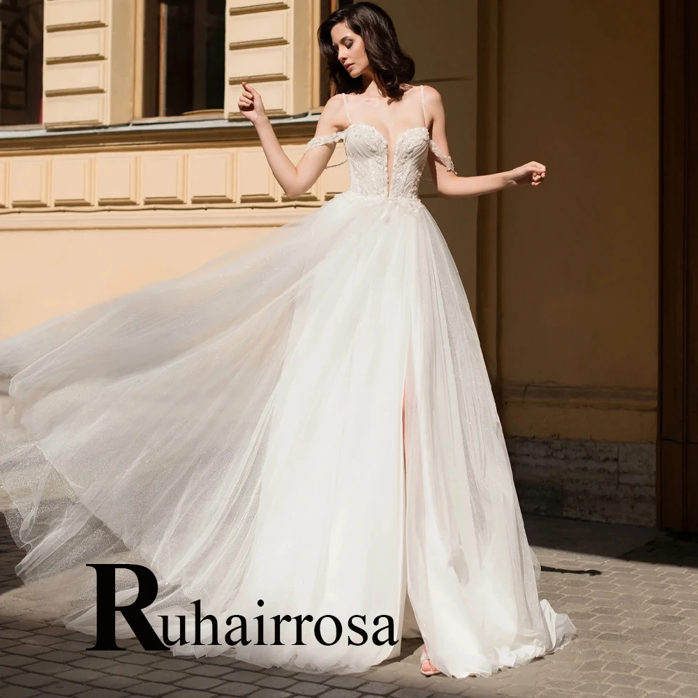 

Ruhair Charming Sequined Deep V-Neck Beadings Spaghetti Strap Wedding Dresses 2023 Side Slit Bride Customised Robe De Mariée