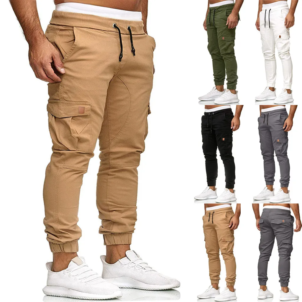 

2023 New Casual Pants for Men Solid Drawstring Long Sweatpants Streetwear Cargo Beam Feet Jogger Trousers with Pockets