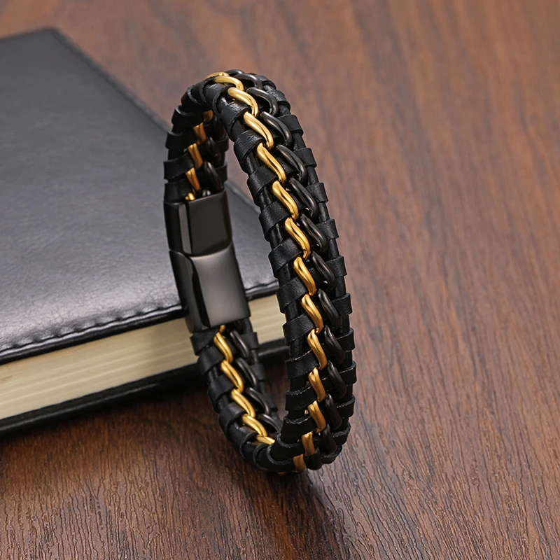 Men's Stainless Steel Double Chain Genuine Leather Woven bracelet blackgoldstainless Steel Magnetic Buckle Jewelry Gift Wholesal
Men's Stainless Steel Double Chain Genuine Leather Woven bracelet blackgoldstainless Steel Magnetic Buckle Jewelry Gift Wholesal