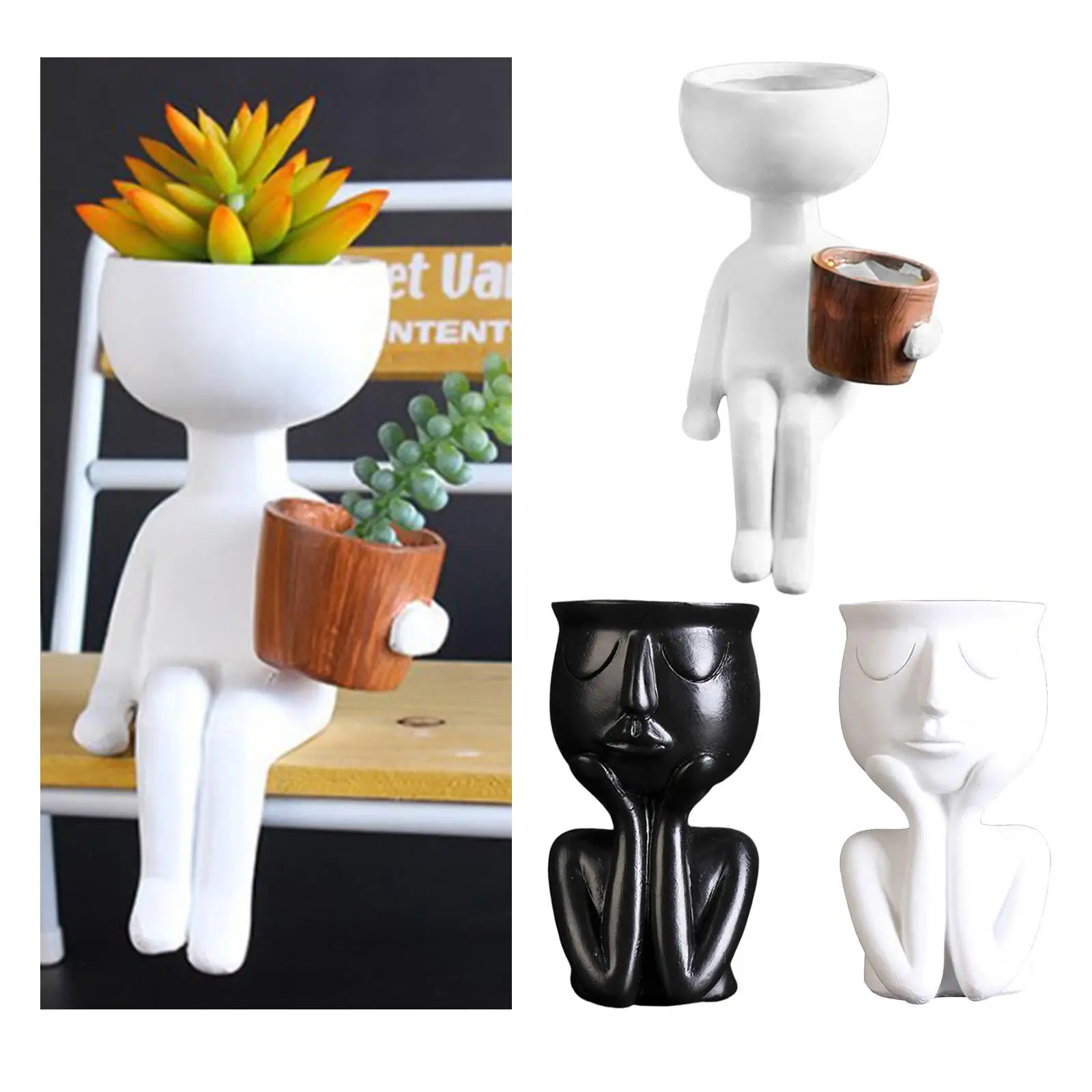 

3Pcs Human Portrait Sculpture Flower Pot Vase Succulent Cactus Planter Humaniod Resin Flower Pot Vase Fleshy Flower 3 Colors