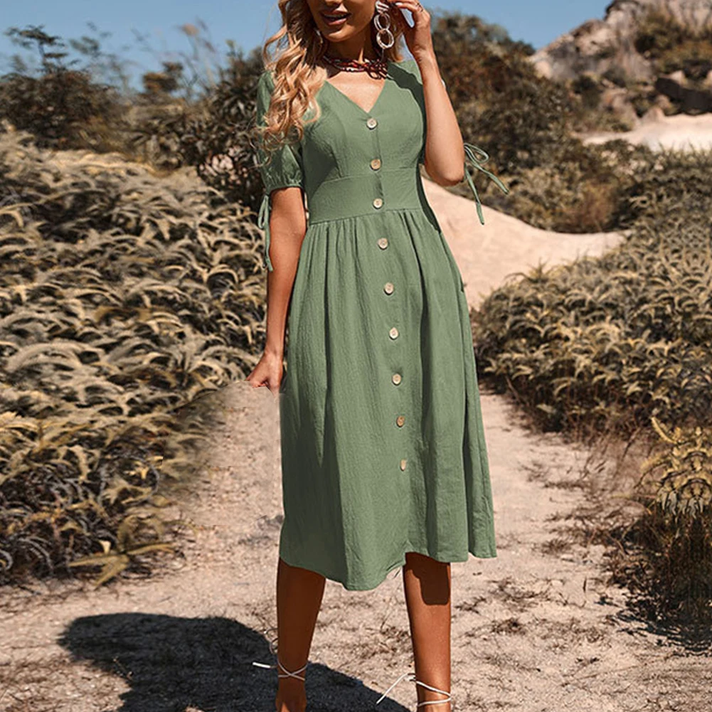Women V Neck Button Down Casual Midi Dress A-line Short Sleeve Solid Summer Dresses Fashion Sundress For Woman 2023
Women V Neck Button Down Casual Midi Dress A-line Short Sleeve Solid Summer Dresses Fashion Sundress For Woman 2023