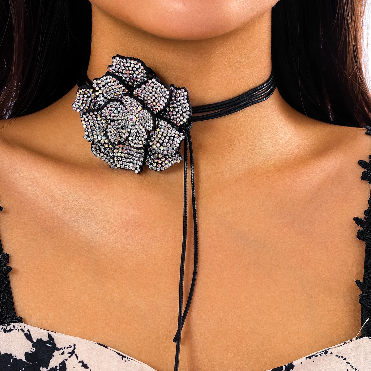 

PuRui Full Rhinestone Flower Charm Necklace Choker Wax Line Black Rope Neck Chain for Women Jewelry Collar Wedding Gifts Friends