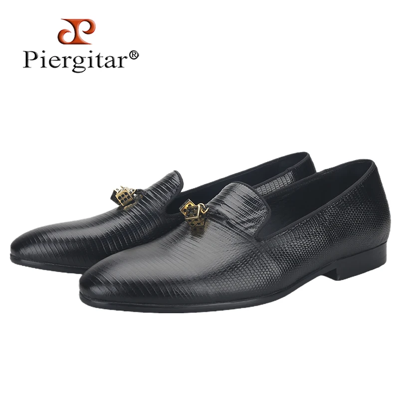 

Piergitar Black Lizard Embossed Leather Men Loafers With Gold Titanium Steel Dice Buckle Tassels GZ Same Design Slip-On Moccasin