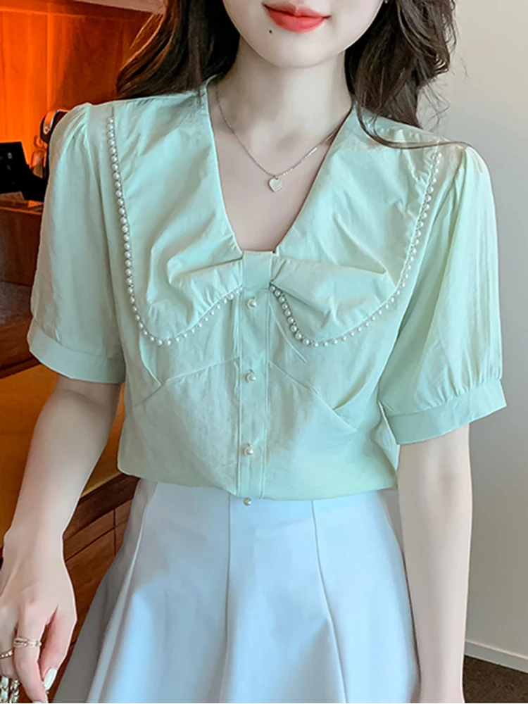 New Bead Peter Pan Collar Blouse For Women 2022 Summer Bow Sweet Fashion Women Clothing Short Sleeve Blouses or Tops For Woman 
New Bead Peter Pan Collar Blouse For Women 2022 Summer Bow Sweet Fashion Women Clothing Short Sleeve Blouses or Tops For Woman