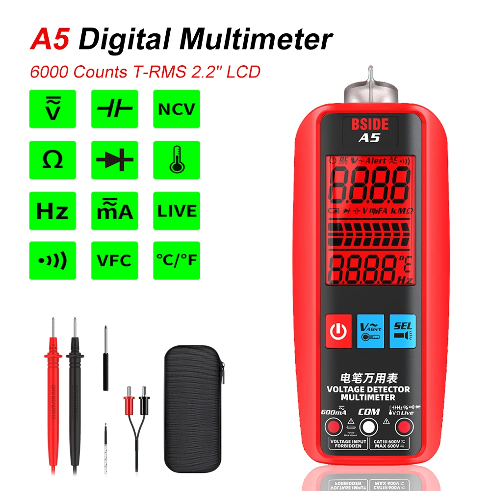 AC/DC Digital Smart Multimeter 3-Results 2.2" Display Current Tester VFC V-Alert Live Wire Capacitor Ohm Diode Hz Voltage Meter
AC/DC Digital Smart Multimeter 3-Results 2.2" Display Current Tester VFC V-Alert Live Wire Capacitor Ohm Diode Hz Voltage Meter