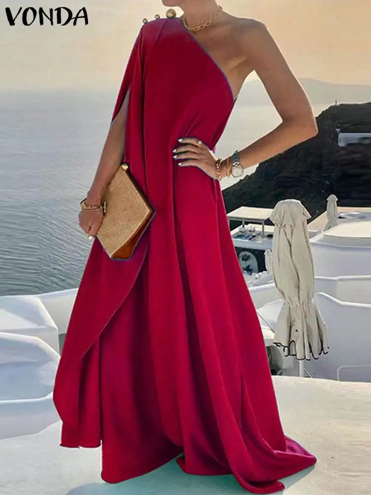 

Летнее сексуальное Макси-платье VONDA 2023, женское богемное вечернее платье на одно плечо, однотонное пляжное платье длиной до пола