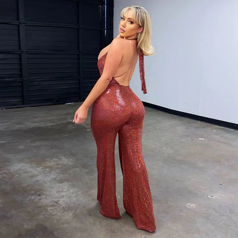 Women Solid Color Long Jumpsuit Sleeveless Backless Jumpsuit Halter Shiny High Waist Flare Long Pants Rompers
Women Solid Color Long Jumpsuit Sleeveless Backless Jumpsuit Halter Shiny High Waist Flare Long Pants Rompers