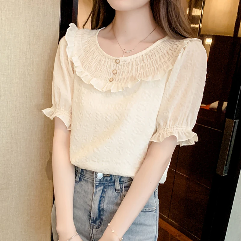 Sweet Short Sleeve Blouse Summer Lace Ruffle Shirt Fashion Chiffon Women Tops Elegant Office O-Neck Female Clothing Blusas 26024
Sweet Short Sleeve Blouse Summer Lace Ruffle Shirt Fashion Chiffon Women Tops Elegant Office O-Neck Female Clothing Blusas 26024