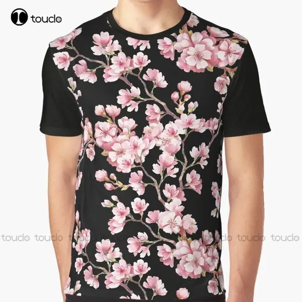 

Cherry Blossom Floral Pattern Graphic T-Shirt Black Tshirt Digital Printing Tee Shirts Christmas Gift New Popular Xxs-5Xl