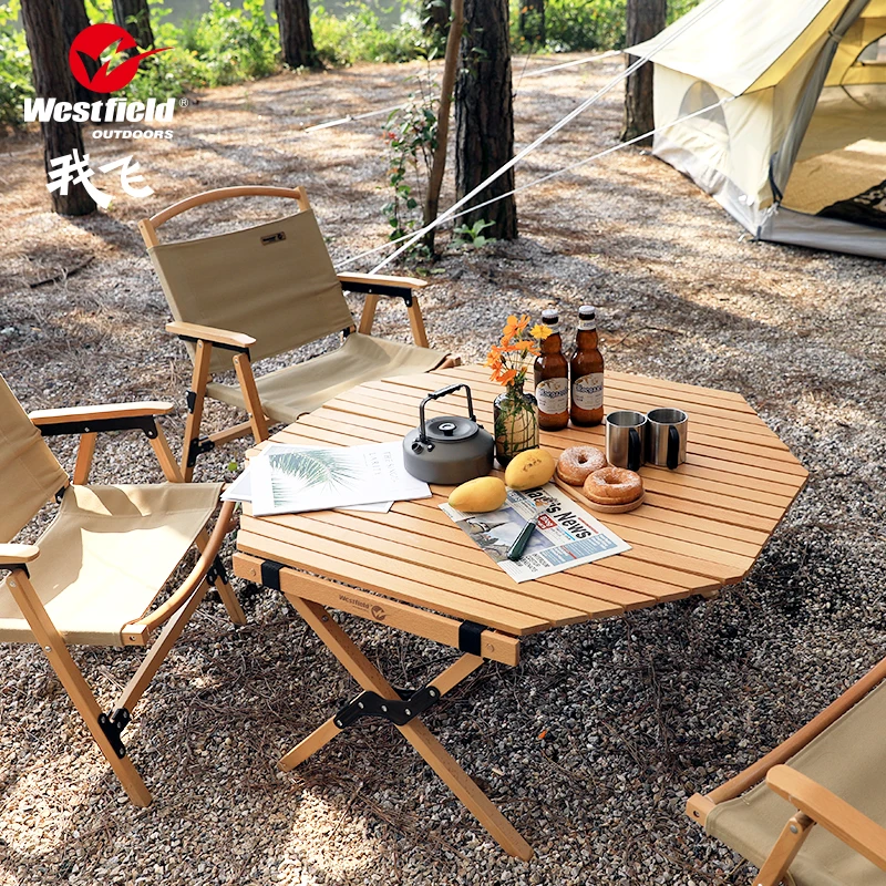 

Outdoor folding table solid wood portable camping octagonal Chicken rolls table picnic table camping self driving tour