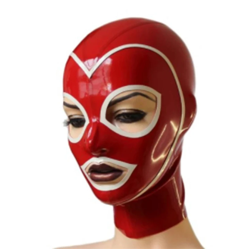 

Латексный капюшон с открытыми глазами и ртом, красная с белой резиновой маской для женщин, костюм кошки, Клубная одежда, костюм для косплея на Хэллоуин