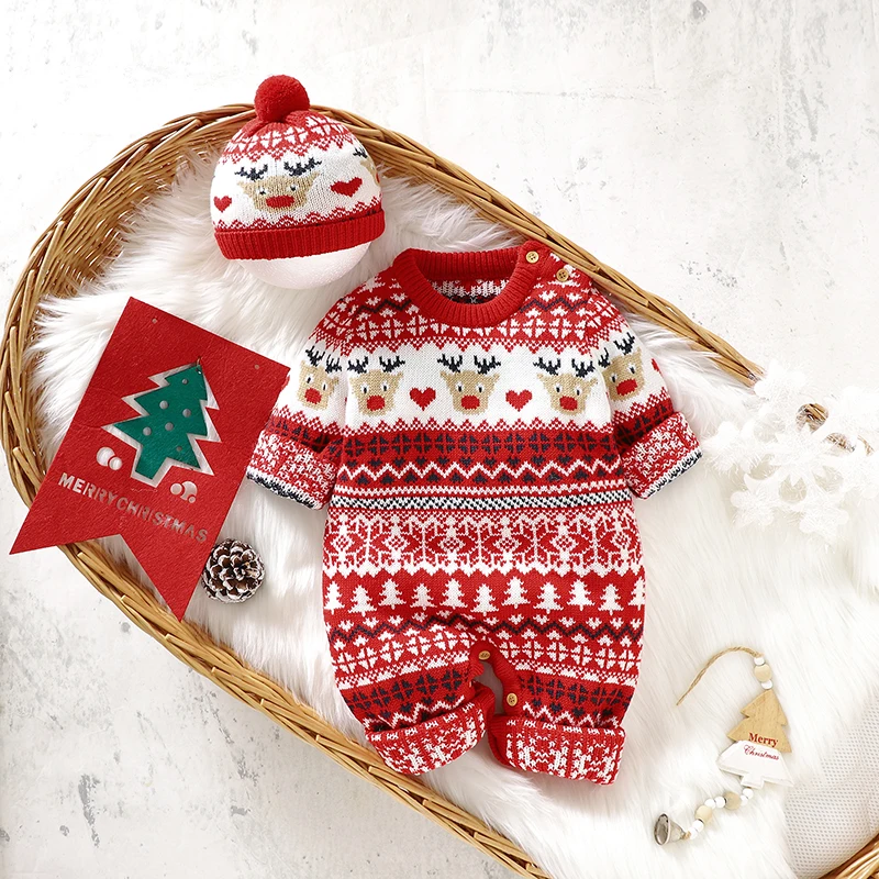 Baby Winter Christmas Knit Jumpsuit Christmas Tree Elk Print Crew Neck Long Sleeve Jumpsuit Knit Hat 0-18 Months
Baby Winter Christmas Knit Jumpsuit Christmas Tree Elk Print Crew Neck Long Sleeve Jumpsuit Knit Hat 0-18 Months