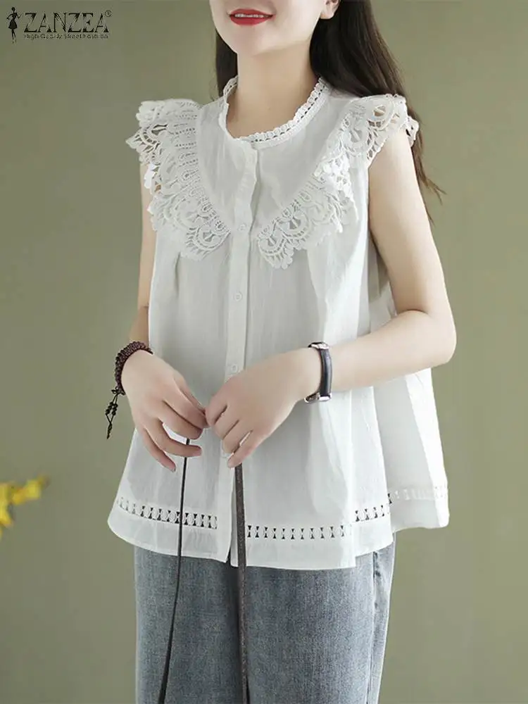Блузка ZANZEA Женская кружевная без рукавов, модная Повседневная рубашка с круглым вырезом, однотонная на пуговицах, лето 2023
Блузка ZANZEA Женская кружевная без рукавов, модная Повседневная рубашка с круглым вырезом, однотонная на пуговицах, лето 2023