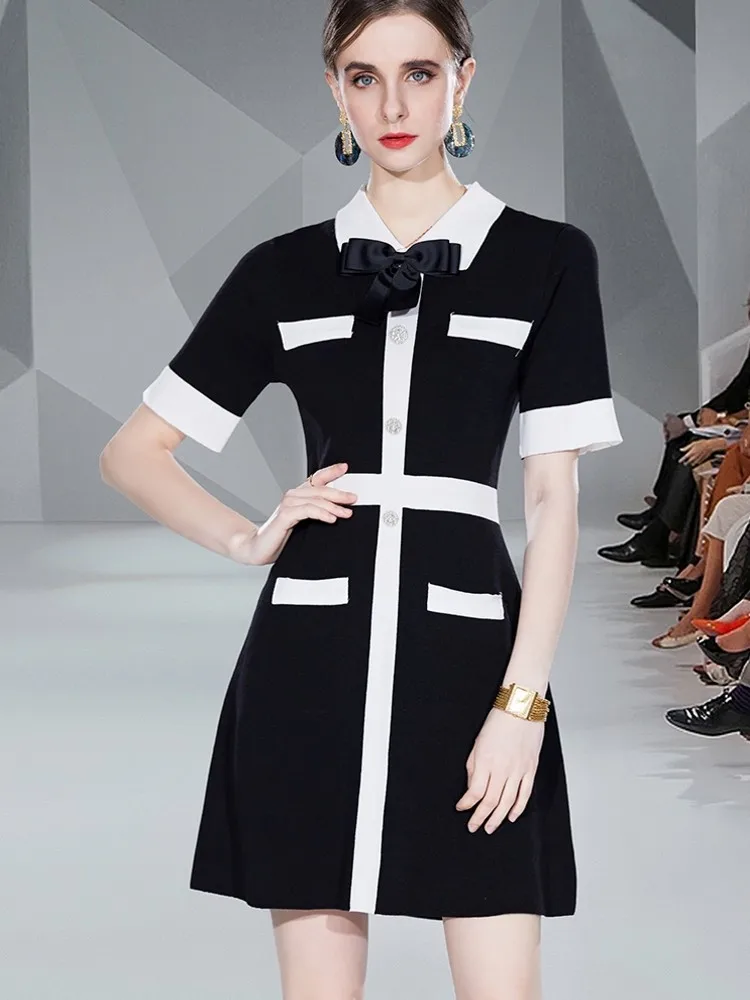 Runway Korean Summer Stripe Contrast Color Bow Tie Collar Short Sleeve Dresses Women's Elegant Knitted Slim Dress Vestido
Runway Korean Summer Stripe Contrast Color Bow Tie Collar Short Sleeve Dresses Women's Elegant Knitted Slim Dress Vestido