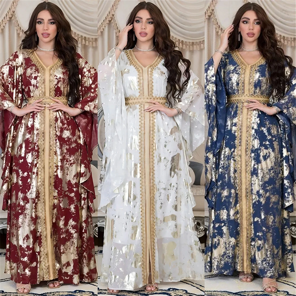 

Luxury Women's Jalabiya Moroccan Kaftan Abaya Dubai Print V-Neck Guipure Lace Tape Belted Dress Islamic Dresses Ramadan Clothing