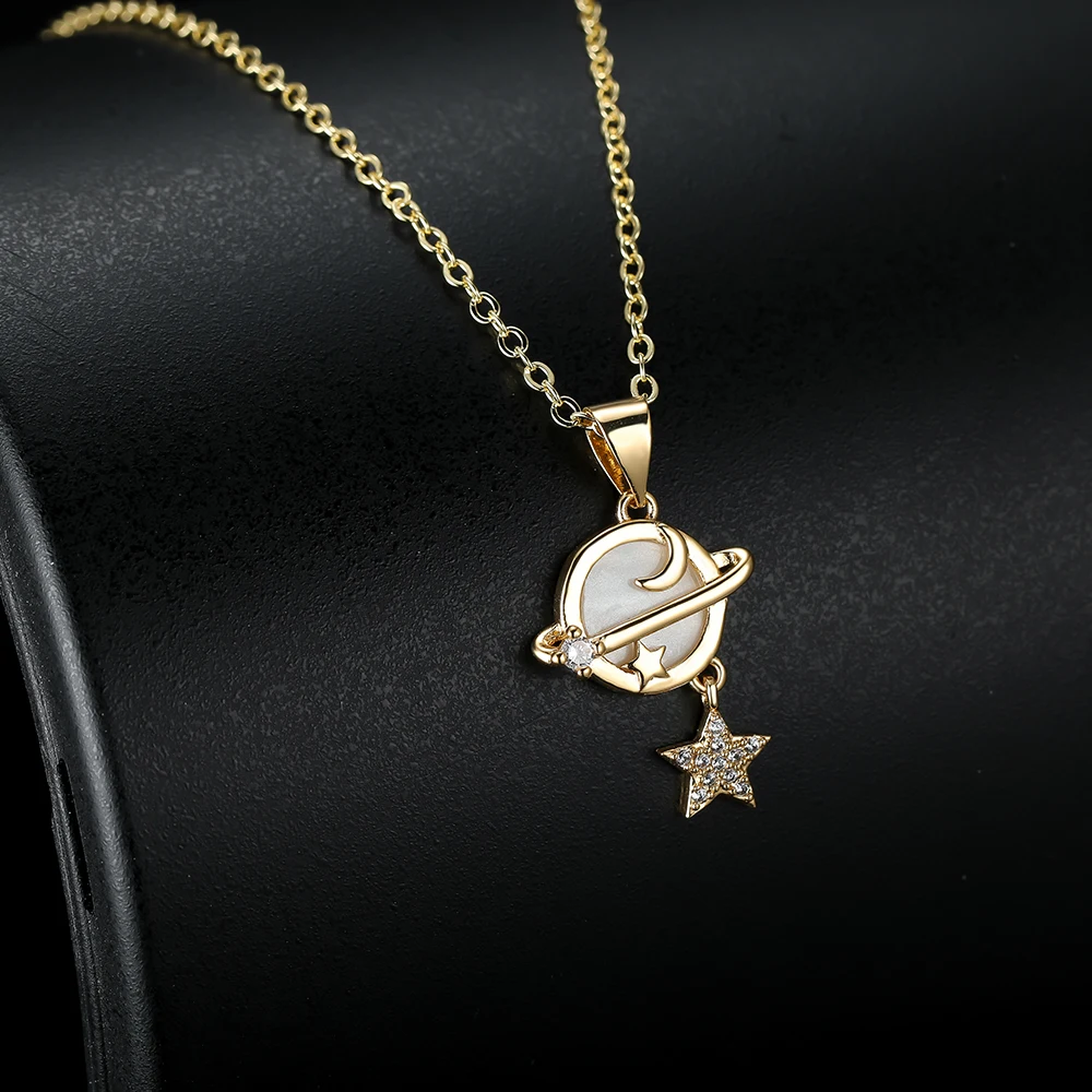 

Creative Fashion Star Moon Universe Planet Pendant Necklace Women Exquisite Jewelry Gold Color Zircon Shell Clavicle Chain