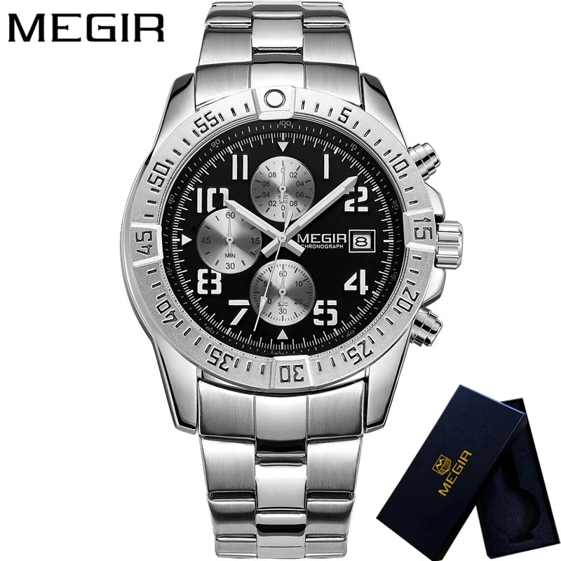 

MEGIR Top Luxury Brand Men's Wrist Watch Mens Chronograph Clocks Male Quartz Watches Military Sport Stainless Steel Clock 2030