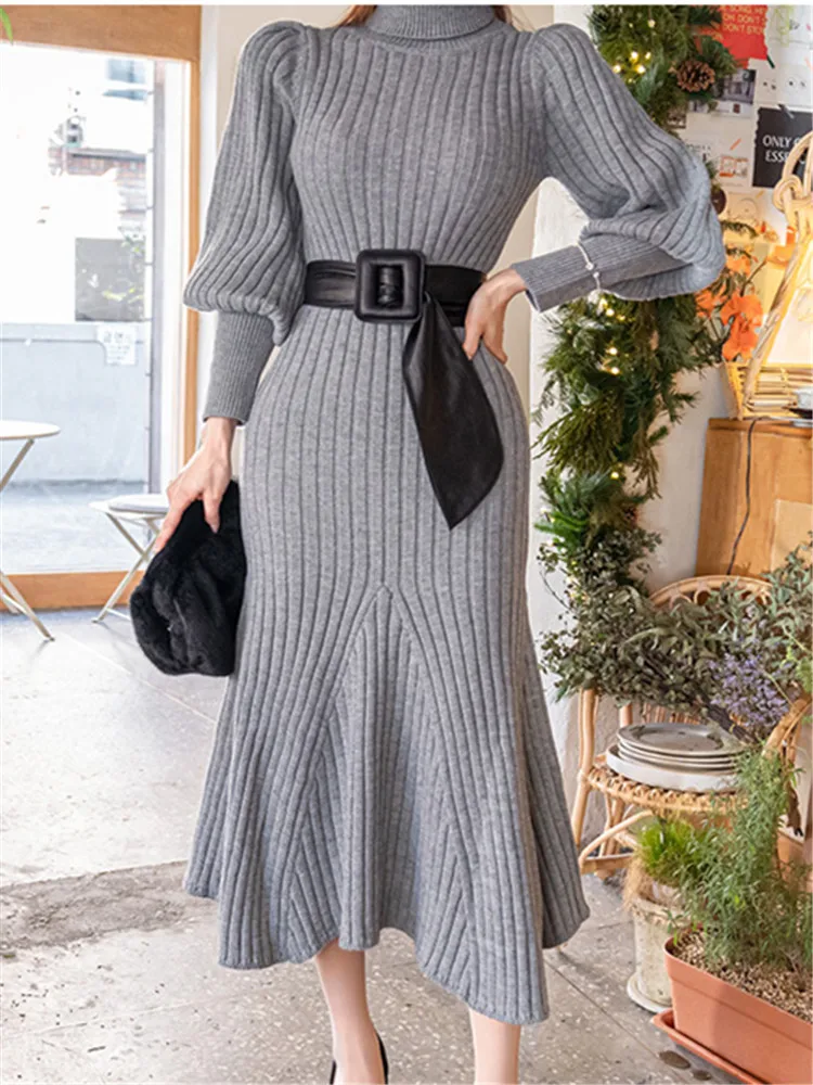 Gray Elegant Turtleneck Knitwear Dress Women with Belt 2022 New Autumn Winter Korean Fashion Long Sleeve Slim Sweater Dress
Gray Elegant Turtleneck Knitwear Dress Women with Belt 2022 New Autumn Winter Korean Fashion Long Sleeve Slim Sweater Dress