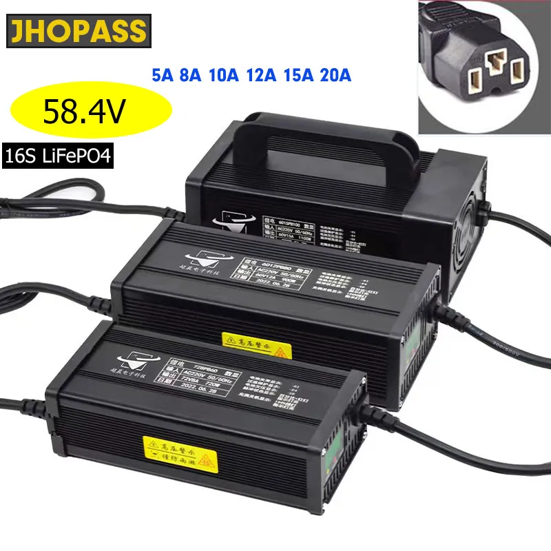 

58.4V 20A 15A 12A 10A 8A 5A 16S Lithium LiFePO4 battery charger power supply smart AC180v-240v 51.2V ebike electronic aluminium