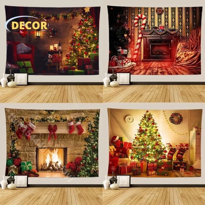 

Christmas Tapestry Santa Claus Aesthetic Room Fireplace Background Tapestries New Year for Wall Hanging Home Holiday Decoration