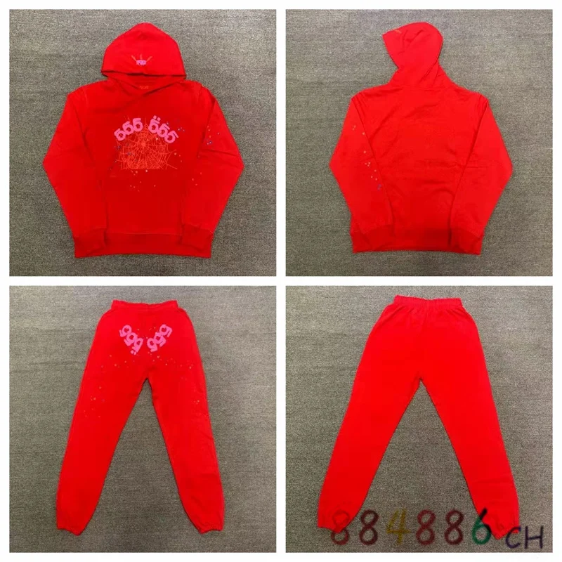 

Red Terry Cloth Sp5der Hoodies Sports Suit 2022FW Men Women Foam Cobweb Hooded Sweatshirts Streetwear Sp5der 555555 Pullovers
