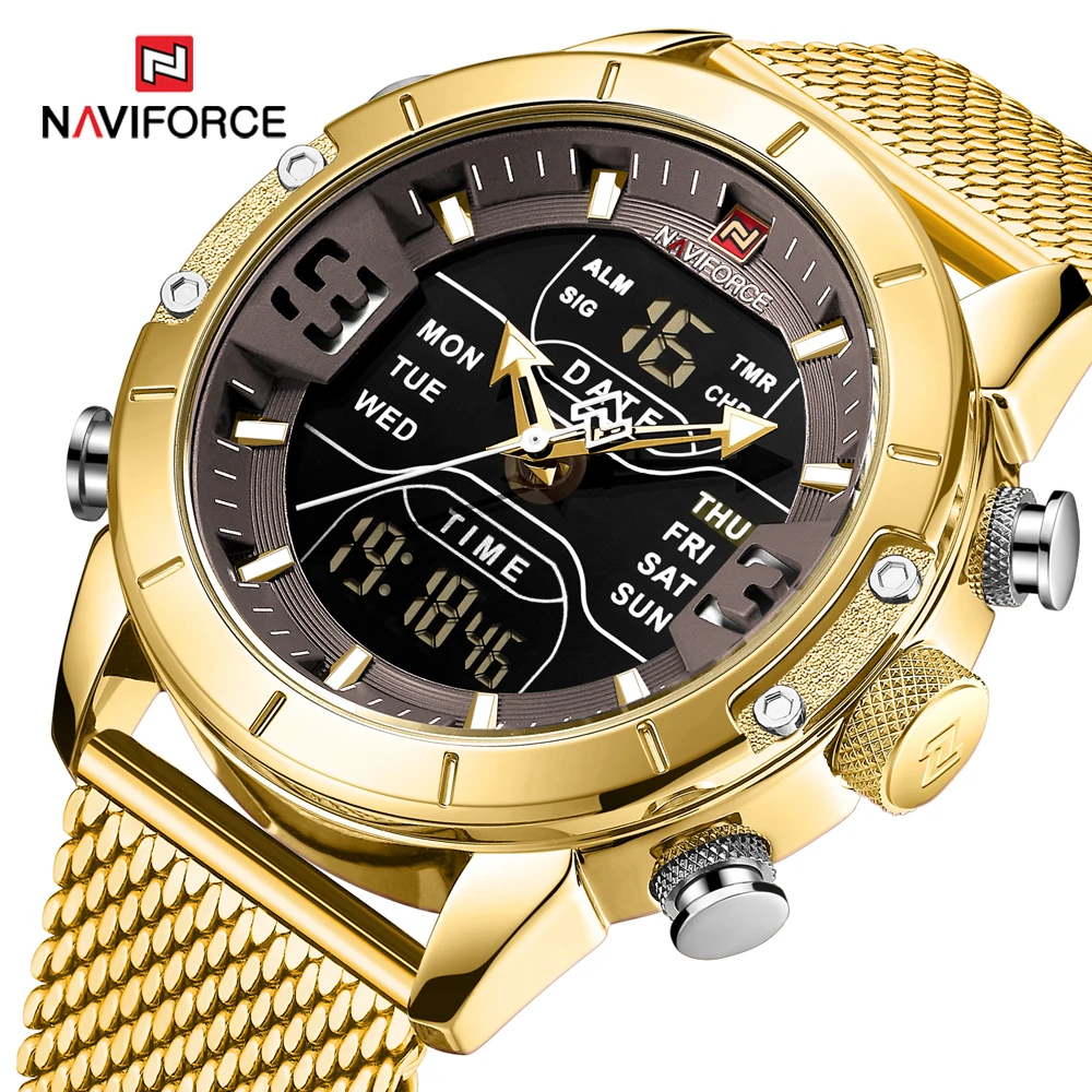 NAVIFORCE Military Men Sport Army Watch Top Luxury Brand Male Golden Steel Mesh Man Quartz Digital Wristwatch Dual Display Clock
NAVIFORCE Military Men Sport Army Watch Top Luxury Brand Male Golden Steel Mesh Man Quartz Digital Wristwatch Dual Display Clock