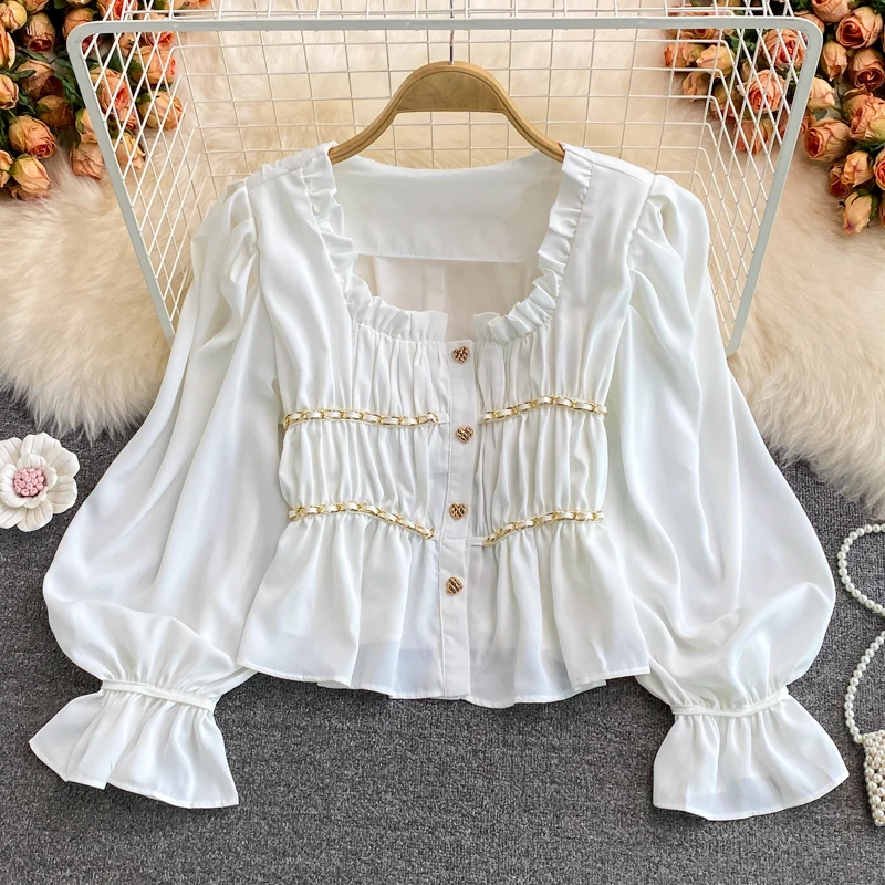 Women New Fashion 2022 Summer Blouses Ruffles Square Collar Corp Top Button Up Shirt Women Pure Sweet Elegant Trendy Pleated Hot
Women New Fashion 2022 Summer Blouses Ruffles Square Collar Corp Top Button Up Shirt Women Pure Sweet Elegant Trendy Pleated Hot
