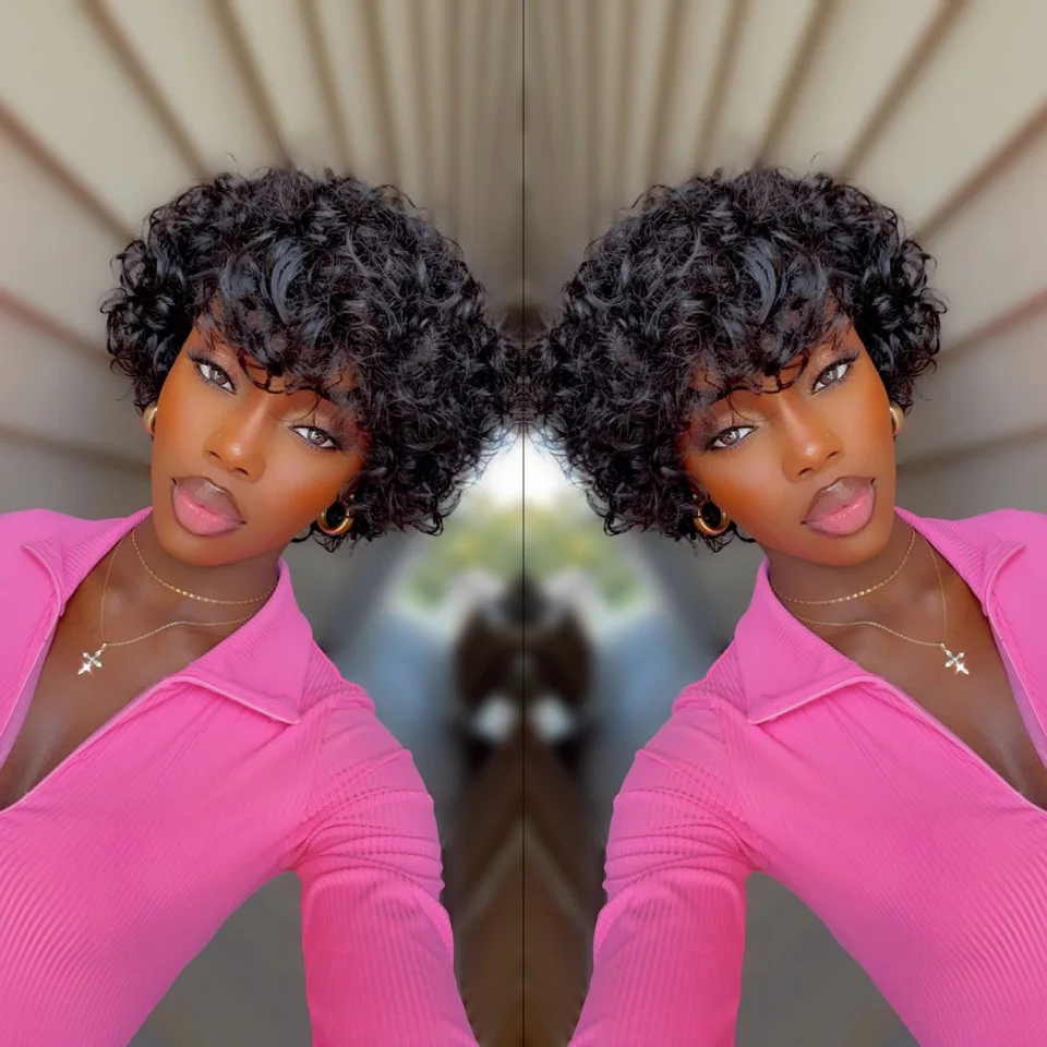 

Bouncy Curly Bob Wig with Bangs Fringe Pixie Cut Human Hair Wigs for Black Women Afro Curly Glueless Wig Perruque Cheveux Humain