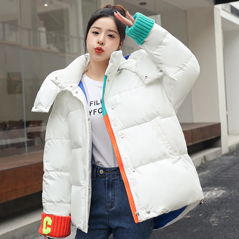 

Winter Cotton-padded Jacket 2022 New Hooded Hit Color Letters Knitted Cuffs Stitched Women Parkas Fluffy Cotton Snow Coats