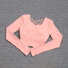 Spring Long Sleeve Pilates Training Top Hollow Beauty Back Yoga Shirt with Chest Pad Quick Dry Solid Color Short Dance T-shirt