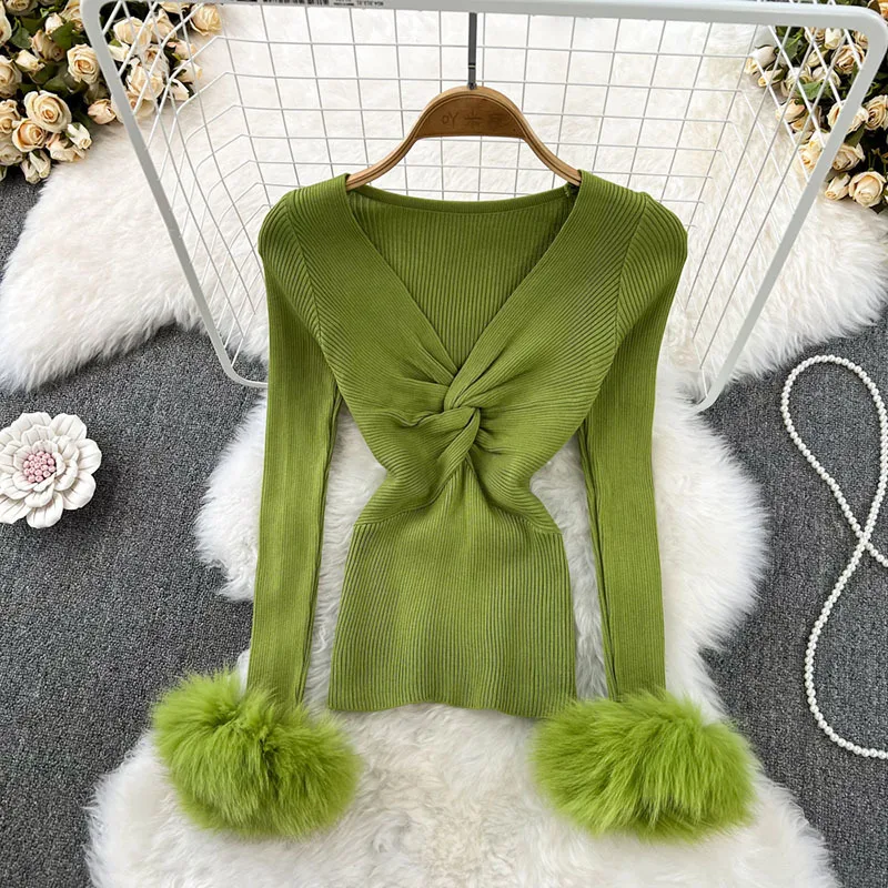 

Women's Cross Wool Splicing Long Sleeve Knitted V-neck Slim Top TrendKorean Chic New Fashion Autumn Winter 2023