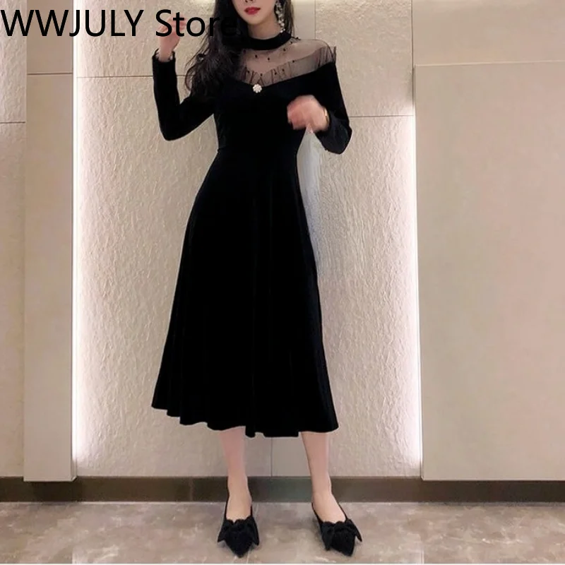2021 Autumn Vintage Velvet Dress Women Lace Design Black Y2k Midi Long Sleeve Evening Party Korean Fashion | Женская одежда