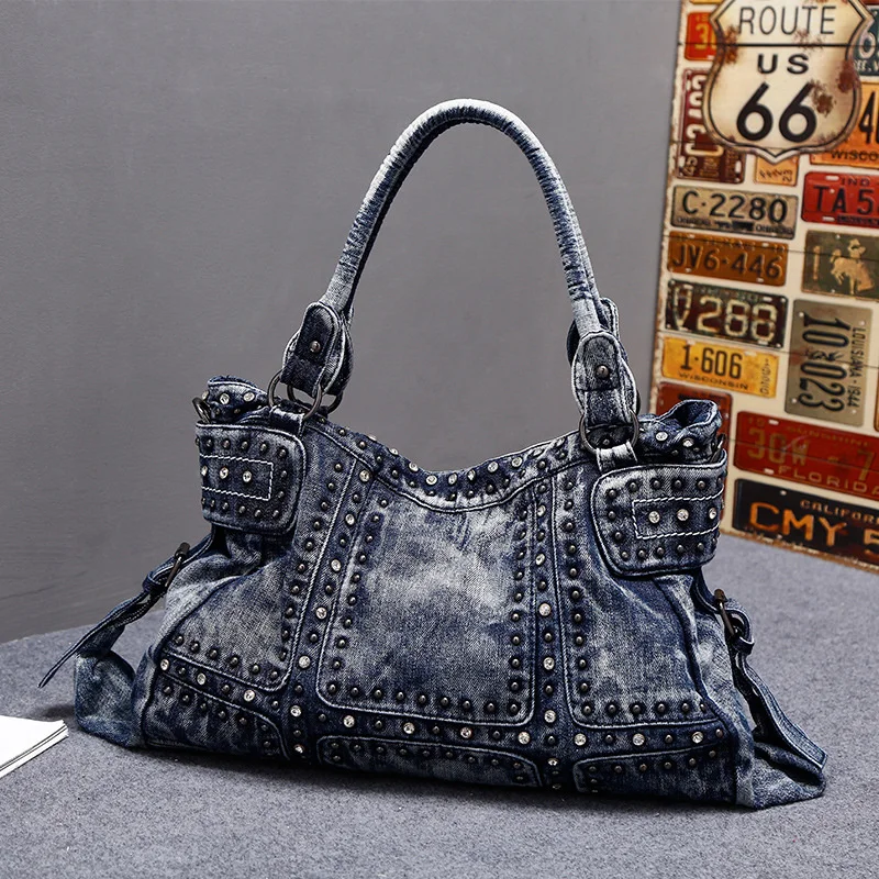European And American Fashion Trend Rivet Hip Hop Style Canvas Shoulder Bag Women's Diamond-encrusted Vintage Denim Underarm Bag
European And American Fashion Trend Rivet Hip Hop Style Canvas Shoulder Bag Women's Diamond-encrusted Vintage Denim Underarm Bag