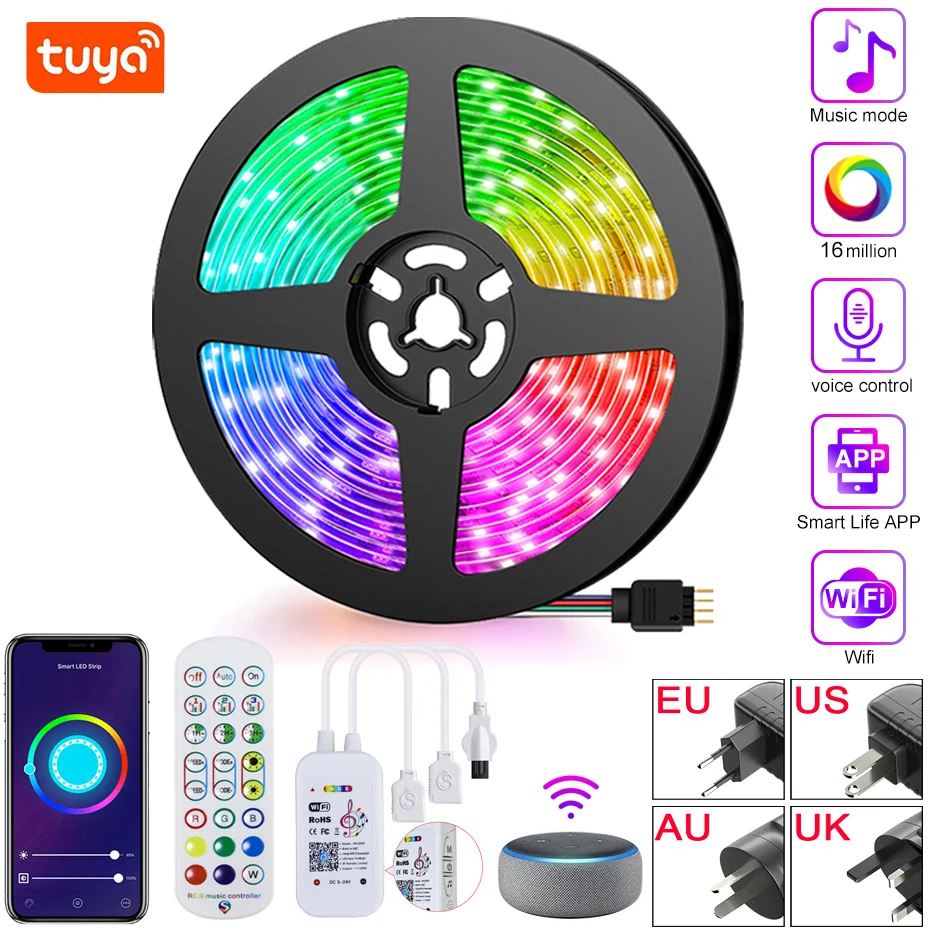 Smart WiFi DC 12V Led Strip 5050 RGB Lights 5m 15m 30m Flexible Led Ribbon Lamp Work With Alexa Google Home Holiday Decoration
Smart WiFi DC 12V Led Strip 5050 RGB Lights 5m 15m 30m Flexible Led Ribbon Lamp Work With Alexa Google Home Holiday Decoration