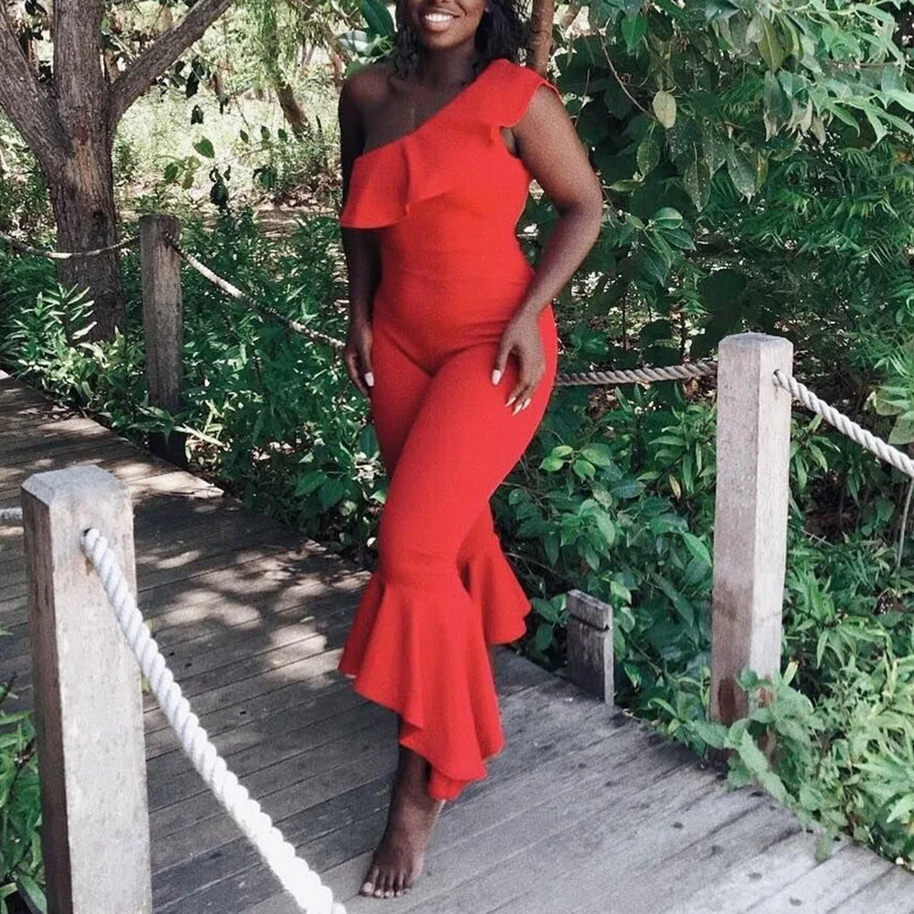 Sexy One Shoulder Red Jumpsuit Summer Ruffle Collar Slim Female Party One Piece Rompers African Falbaba Pencil Pants Playsuits
Sexy One Shoulder Red Jumpsuit Summer Ruffle Collar Slim Female Party One Piece Rompers African Falbaba Pencil Pants Playsuits