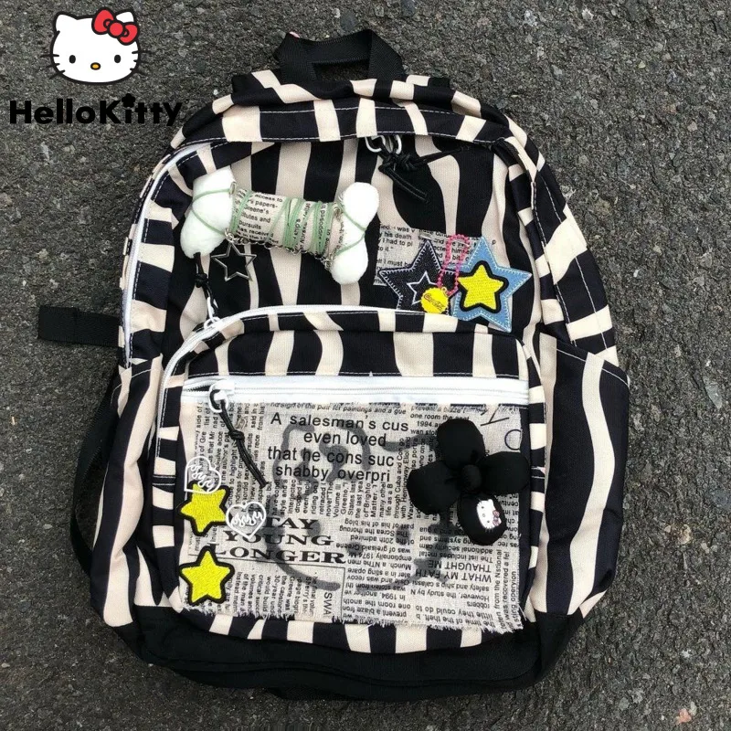 

Sanrio Hello Kitty Trend Women Backpacks Y2K Goth Korean Black White Zebra Stripes Pattern Backpack Large Capacity Schoolbag