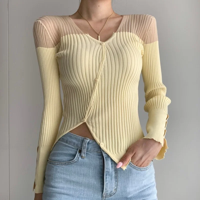 Spring and Autumn Casual V-neck Stitching Perspective Stripe Stitching Fashion Sexy Hollow Slim Long-sleeved Pullover Women 2022
Spring and Autumn Casual V-neck Stitching Perspective Stripe Stitching Fashion Sexy Hollow Slim Long-sleeved Pullover Women 2022