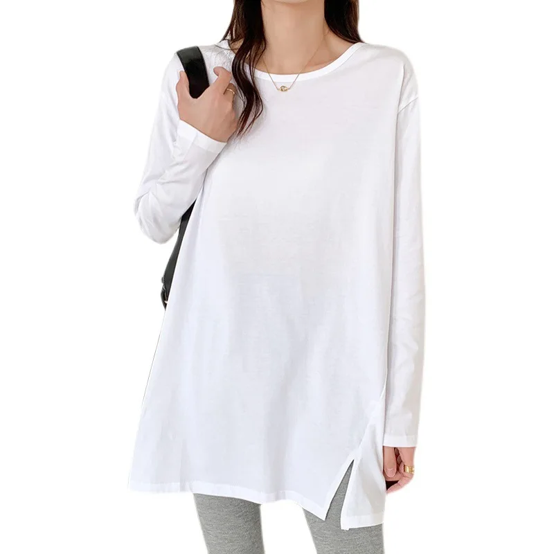 Long-sleeved T-shirt Women's Loose Cotton Clothes Hem Slit Top Mid-length Bottoming Tide Shirt 2020 Women Fashion Clothing
Long-sleeved T-shirt Women's Loose Cotton Clothes Hem Slit Top Mid-length Bottoming Tide Shirt 2020 Women Fashion Clothing