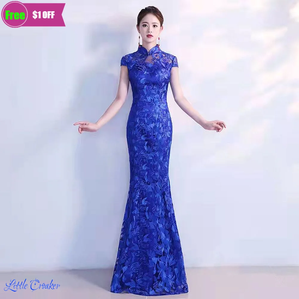 Full Length Chinese Sexy Oriental Party Female Cheongsam Stage Show Lace Blue Wedding Qipao Elegant Celebrity Banquet Dresses
Full Length Chinese Sexy Oriental Party Female Cheongsam Stage Show Lace Blue Wedding Qipao Elegant Celebrity Banquet Dresses