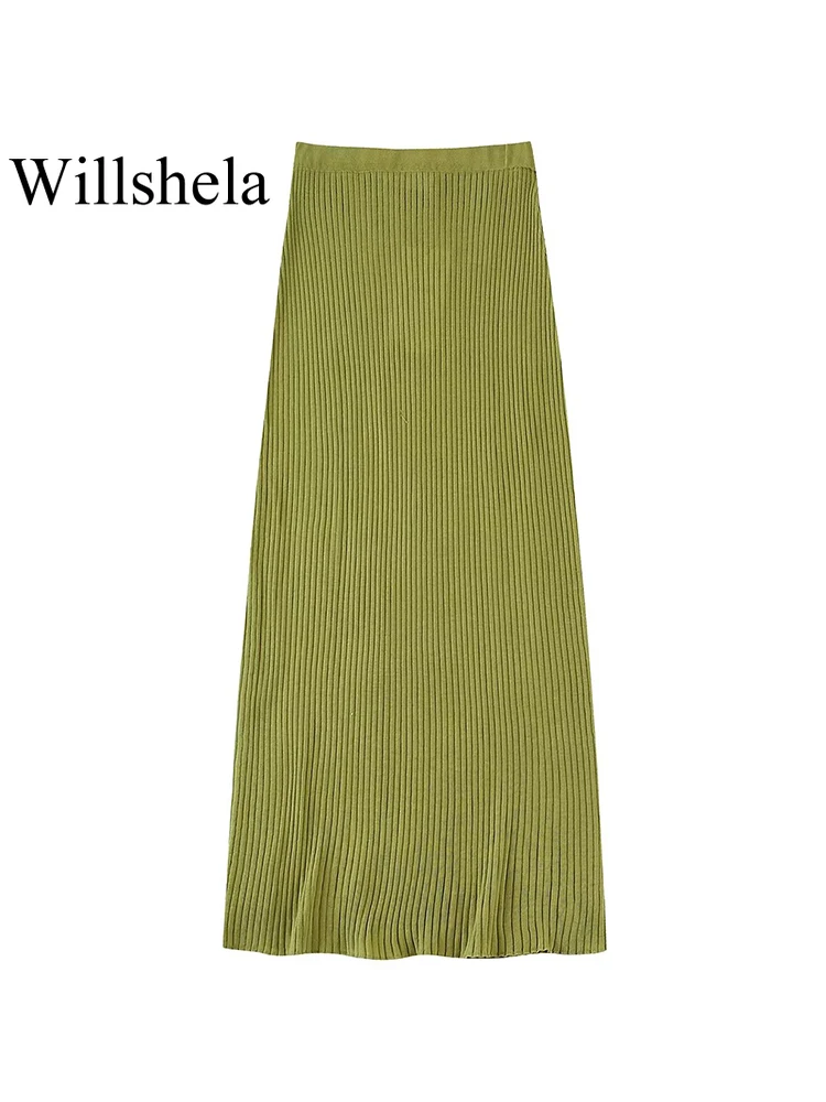 Willshela Женская модная однотонная трикотажная миди-юбка Винтажная с высокой эластичной талией Женская шикарная Женская юбка Mujer наряды 
Willshela Женская модная однотонная трикотажная миди-юбка Винтажная с высокой эластичной талией Женская шикарная Женская юбка Mujer наряды