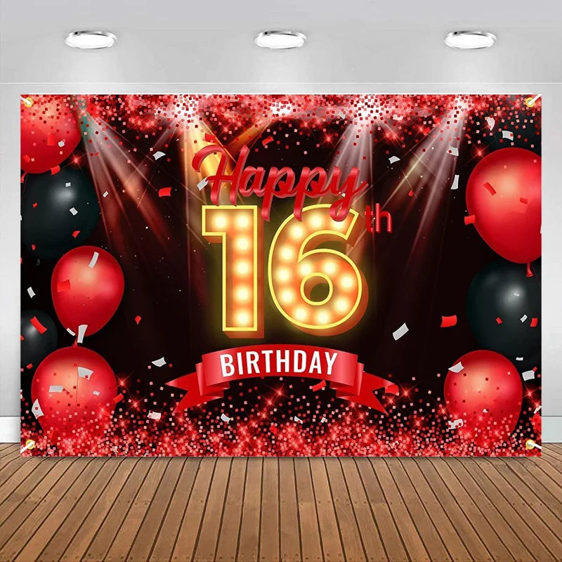 Фон для фотосъемки с надписью Happy 16th Birthday, красный и черный, 16 лет
Фон для фотосъемки с надписью Happy 16th Birthday, красный и черный, 16 лет