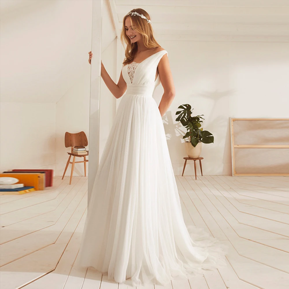 Simple Bride Gowns Lace Applique Sleeveless Zipper Backless Empire Wedding Dresses Tulle A-Line Sweep Train Vestidos De Noiva
Simple Bride Gowns Lace Applique Sleeveless Zipper Backless Empire Wedding Dresses Tulle A-Line Sweep Train Vestidos De Noiva