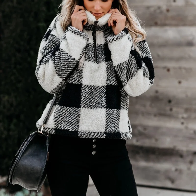 Autumn Winter Thick Plaid Sweatshirts Women Stand Collar Zip Up Loose Leisure Pullovers Black Checkerboard Pullover Sweatshirts
Autumn Winter Thick Plaid Sweatshirts Women Stand Collar Zip Up Loose Leisure Pullovers Black Checkerboard Pullover Sweatshirts