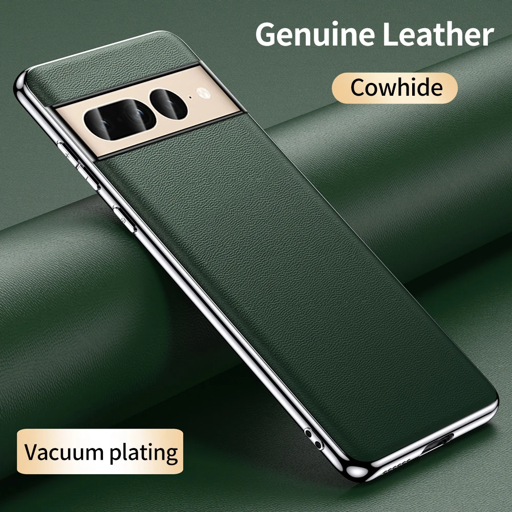

Phone Case for Google Pixel 8 7 6 Pro 7A 6A Luxury Genuine Cowhide Leather Plating Shockproof Full Protection Back Cover
