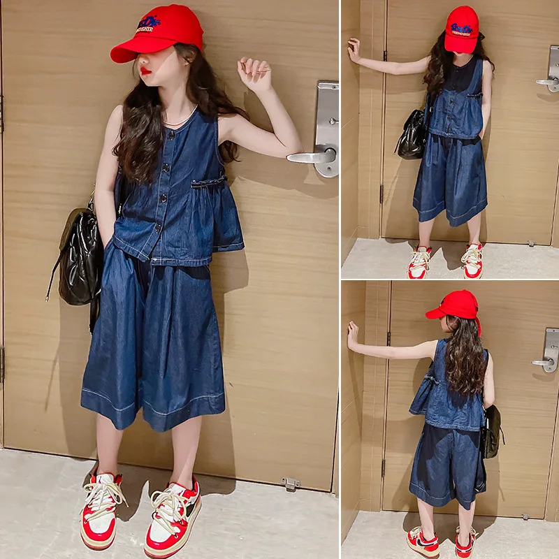 Summer Girls' Fashion Denim Casual Middle-Aged Children's Suits New Korean Version Of Loose Wide-leg Pants Two-Piece Trend 
Summer Girls' Fashion Denim Casual Middle-Aged Children's Suits New Korean Version Of Loose Wide-leg Pants Two-Piece Trend