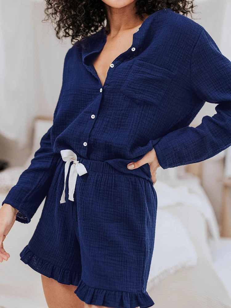 Linad Cotton Women's Nightwear 2 Piece Sets Casual Long Sleeve Sleepwear Female Suits With Shorts Ruffle Solid Autumn 2022
Linad Cotton Women's Nightwear 2 Piece Sets Casual Long Sleeve Sleepwear Female Suits With Shorts Ruffle Solid Autumn 2022