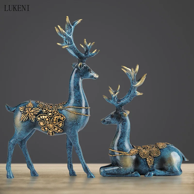

RESIN CRAFTS ORNAMENTS EUROPEAN STYLE ORNAMENTS STANDING AND PRONE POSITION INLAID WITH PRECIOUS BEADS COUPLE DEER ORNAMENTS