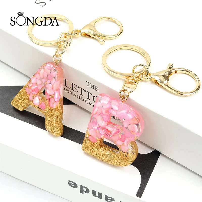 

Trendy Acrylic Resin A-Z Initial Letter Keychains Alphabet Pink Petal Sequin Lobster Clasp Keyring Handbag Key Accessories Gifts